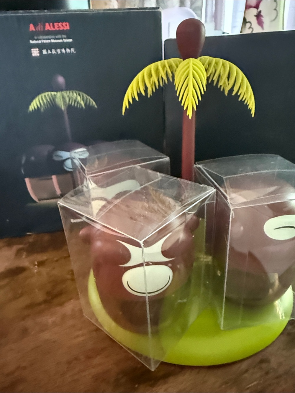 Alessi Coconut Salt & Pepper Set in Brown and Yellow with Palm Stand